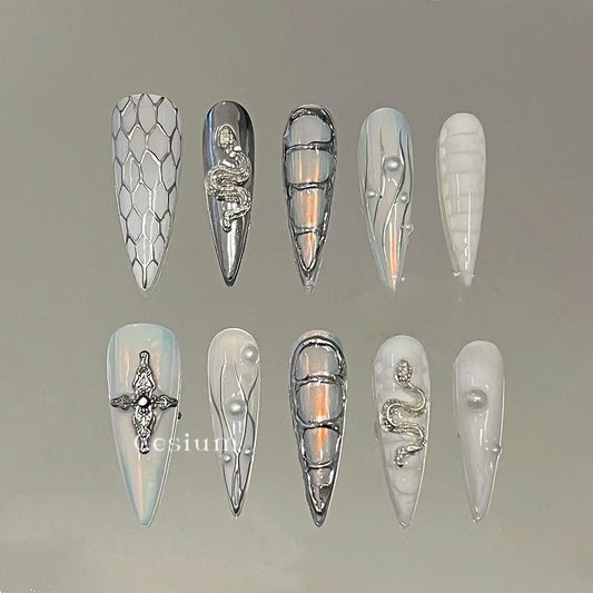 C6 - $19.9 SirenTips Handmade Press On Nail Art 10pcs Set Free Tools Luxury Nail Care Manicure Daily Durable