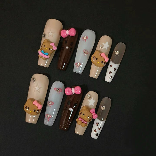 P13 - $19.9 SirenTips Cartoon Animation Handmade Press On Nail Art 10pcs Set Free Tools Luxury Nail Care Manicure Daily Durable