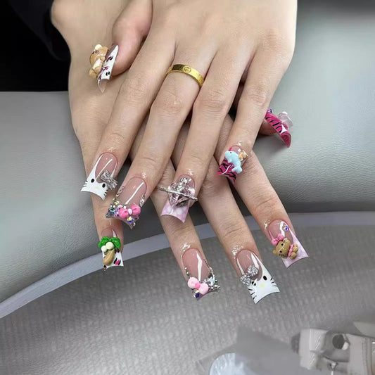 P5 - $19.9 SirenTips Cartoon Animation Handmade Press On Nail Art 10pcs Set Free Tools Luxury Nail Care Manicure Daily Durable