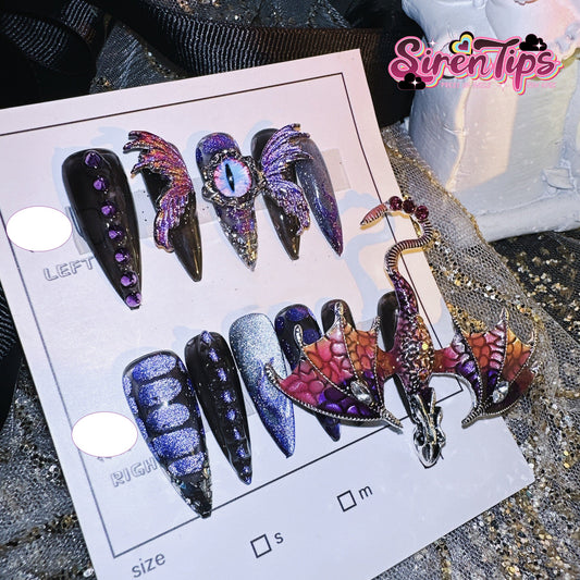 F3 - Dominion Dragon SirenTips Fantasia Collection Mid Length Stiletto Handmade Press On Nail Art 10pcs Set Free Tools Luxury Nail Care Manicure Daily Durable