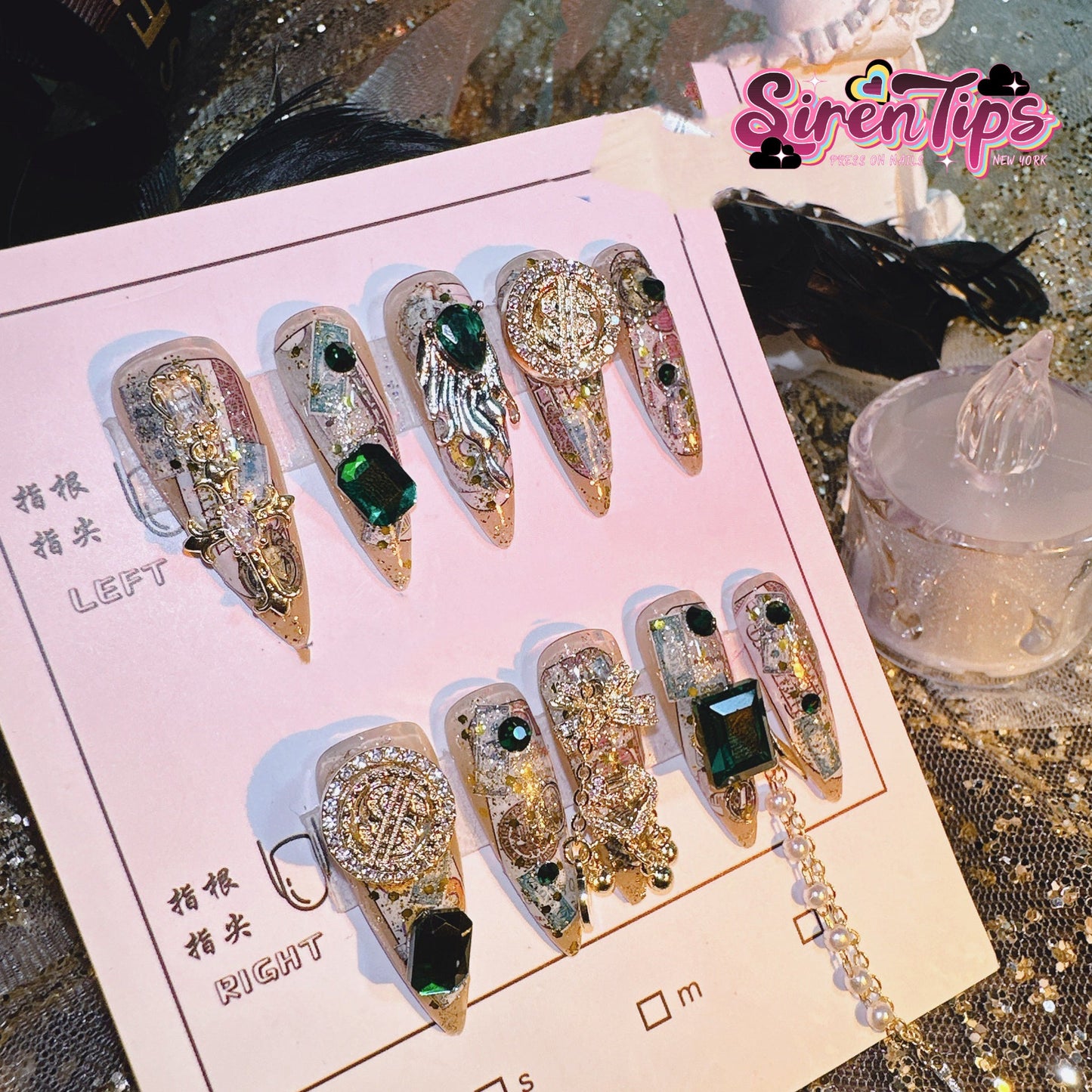 F2 - Opulent Treasury SirenTips Fantasia Collection Mid Length Stiletto Handmade Press On Nail Art 10pcs Set Free Tools Luxury Nail Care Manicure Daily Durable